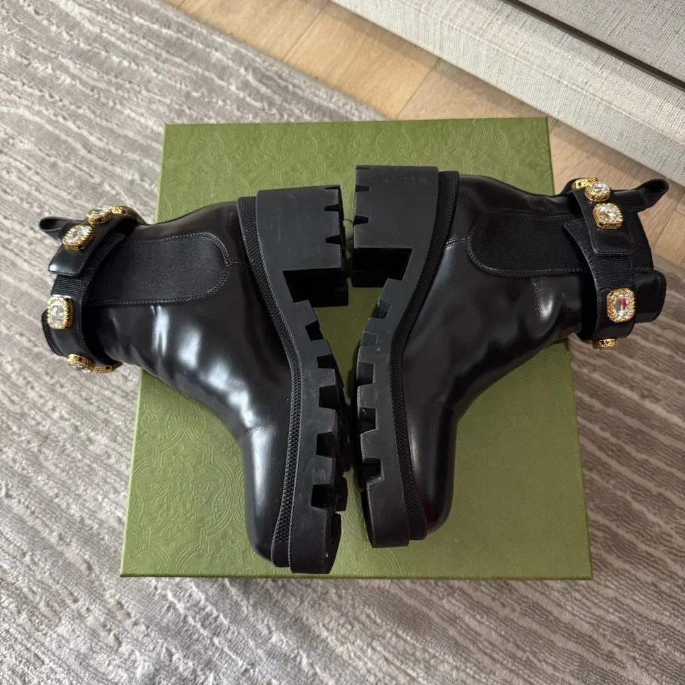 LIKE NEW Gucci Trip Embellished Block Heel Chelsea Boots, Size 38 - Picture 9 of 13